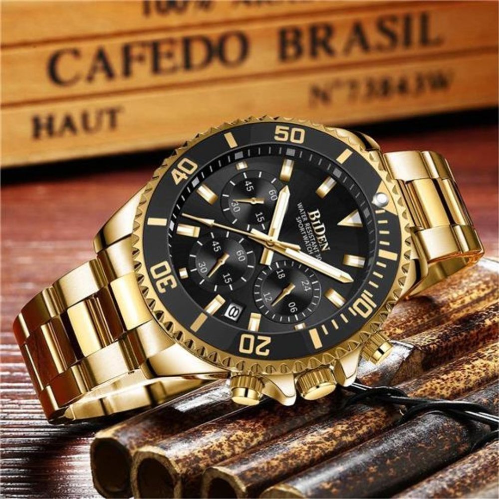 Mens Chronograph Luxury GoldBlack Watch